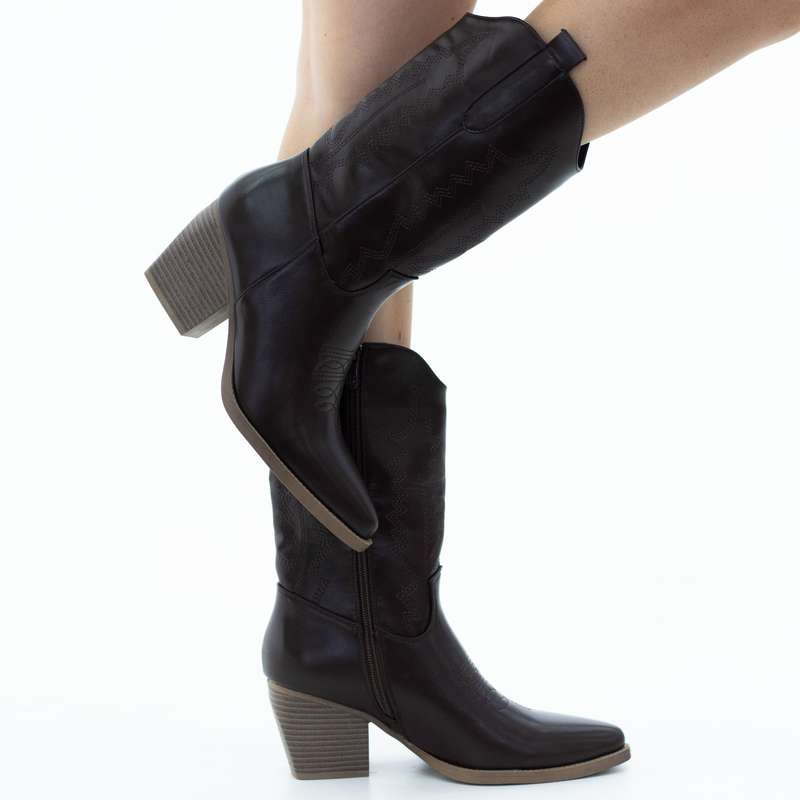 Cowboy embroidered PU mat 7cm heel mid calf boot brown