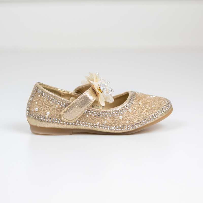 Amoli infant girls diamante upper pump with flower belt gold
