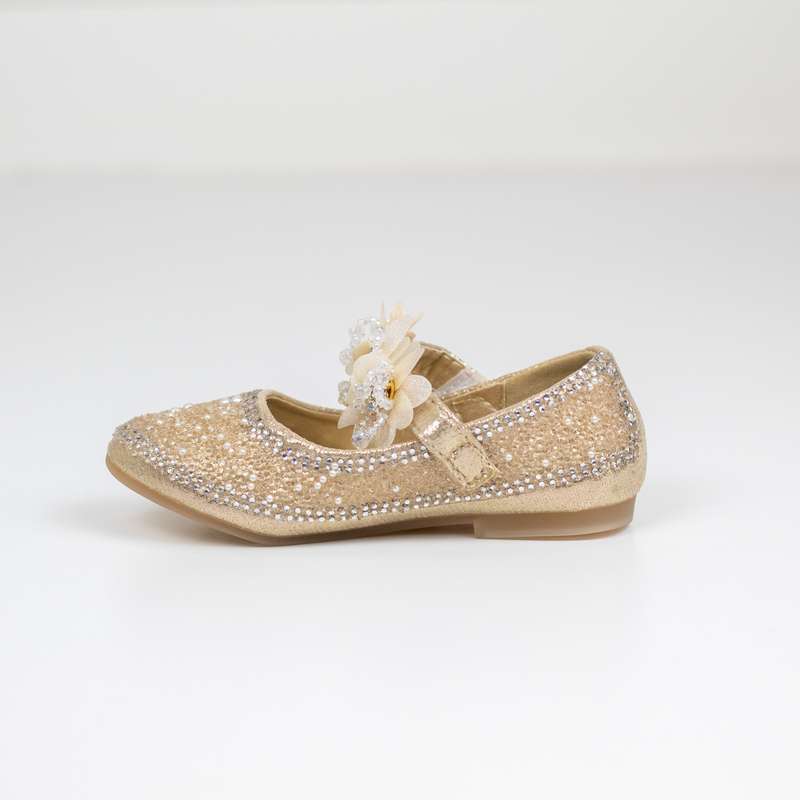 Amoli infant girls diamante upper pump with flower belt gold