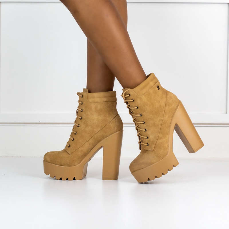 Elloise 10cm heel chunky lace up ankle boot camel