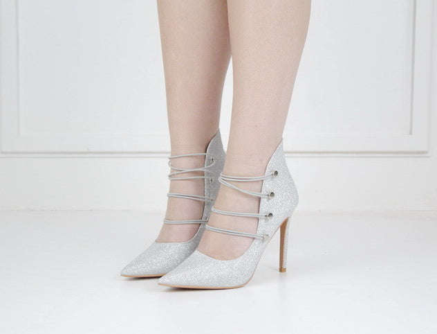 Helen2 shimmer 10cm pointy with 4 elastic belts silver