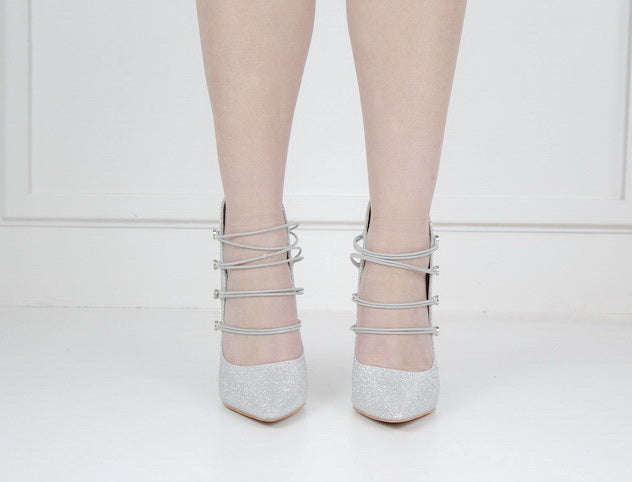 Helen2 shimmer 10cm pointy with 4 elastic belts silver