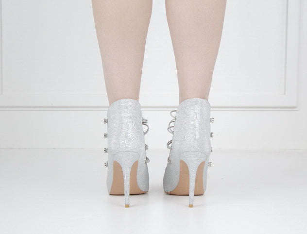 Helen2 shimmer 10cm pointy with 4 elastic belts silver