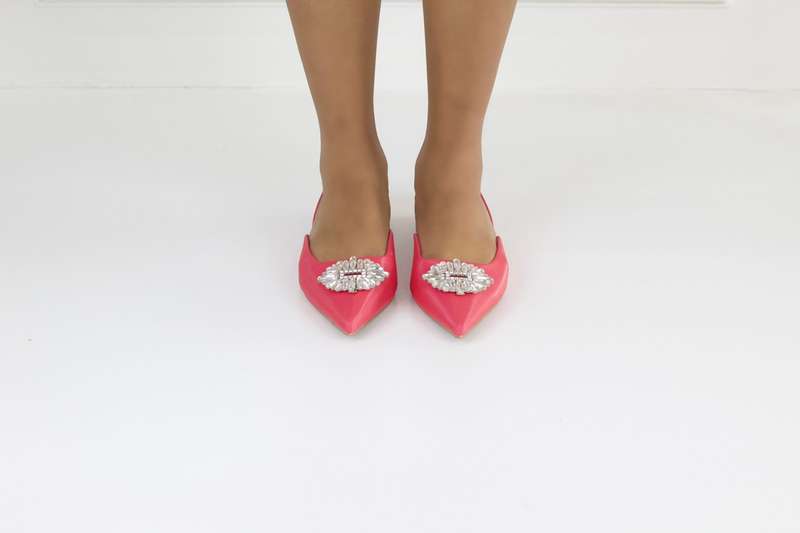 Erina pointy sling back pump with a trim fuschia