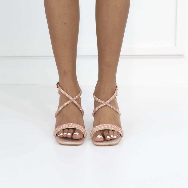 Alika diamante strappy on 6cm block heel sandal rose gold