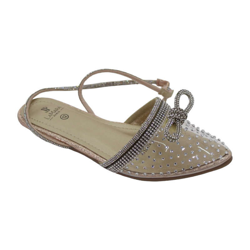 Harika girls vinyl studded pump with diamante bow rose gold