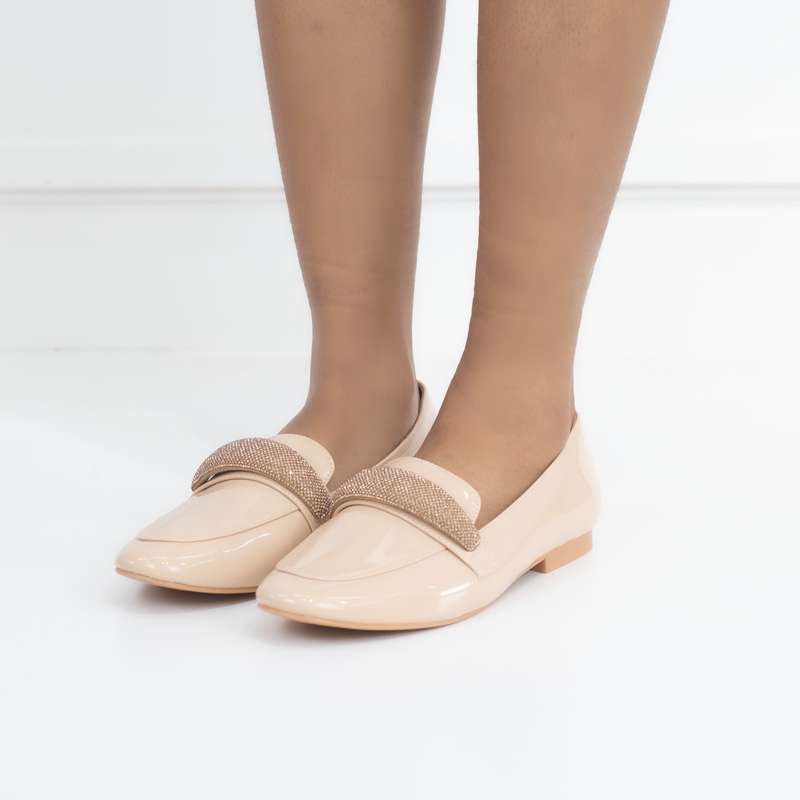Honey flat loafer pat PU with diamante detail Nude