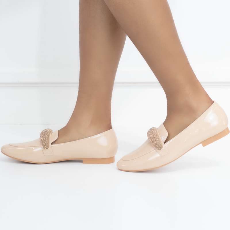 Honey flat loafer pat PU with diamante detail Nude