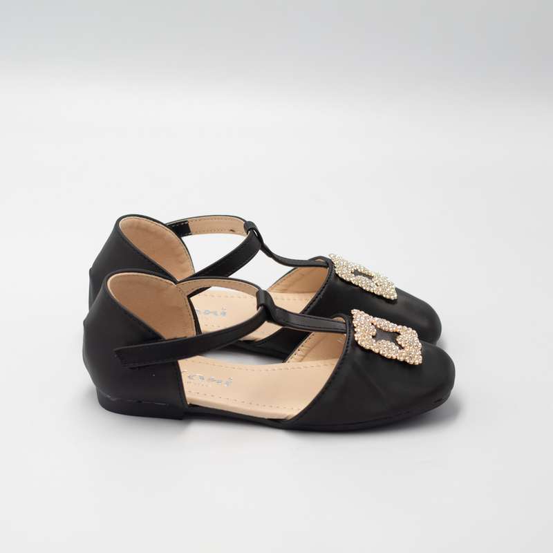 Ayla baby girls t-shaped belt pump with gold trim black