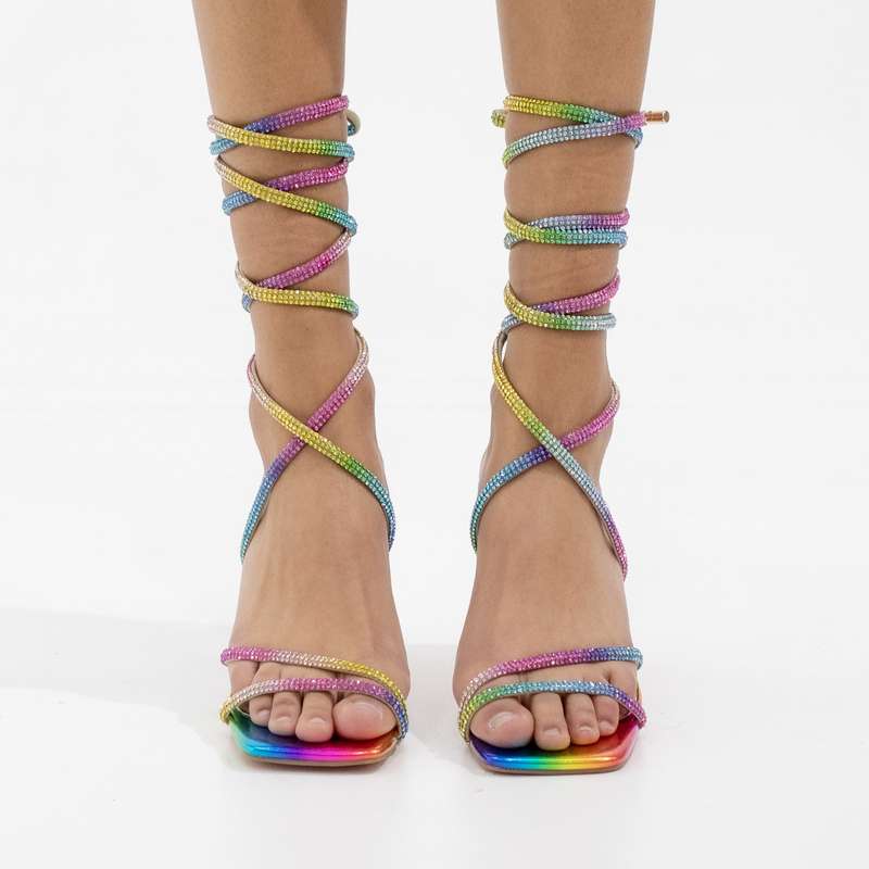 Leovie diamante strippy tie up 8.5cm heel sandal multi