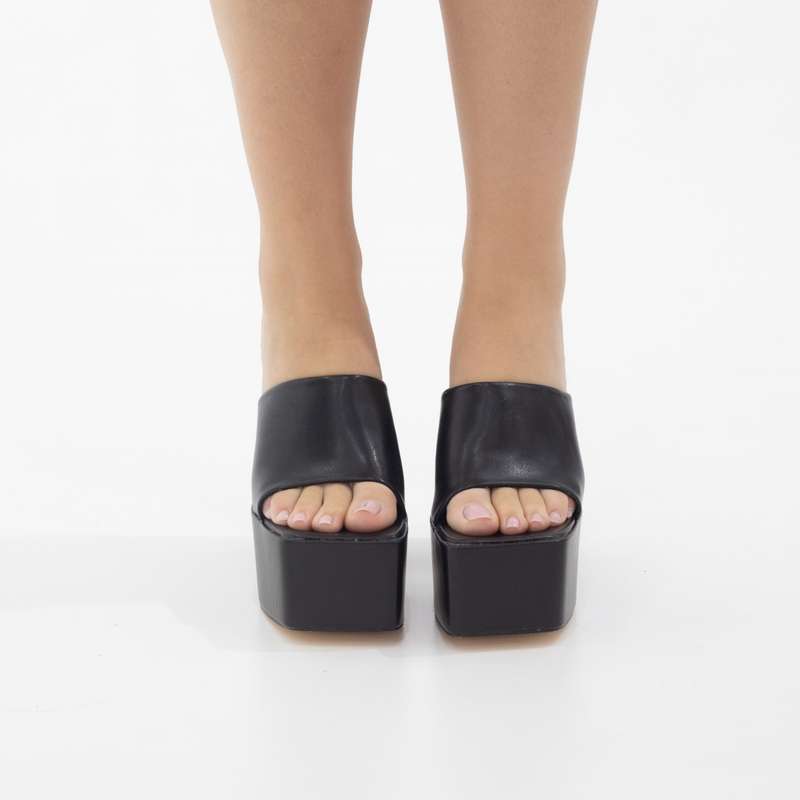 Porto platform slide on 14cm thick heel PU black