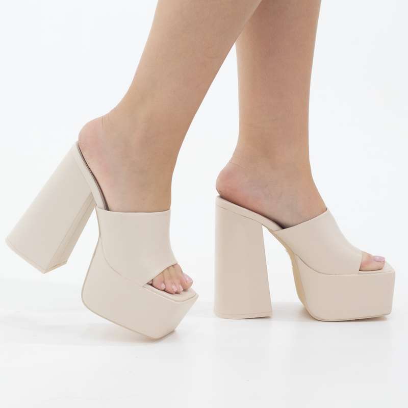 Porto platform slide on 14cm thick heel PU bone