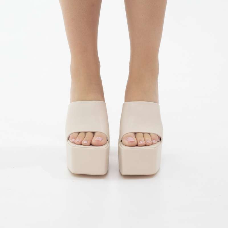 Porto platform slide on 14cm thick heel PU bone