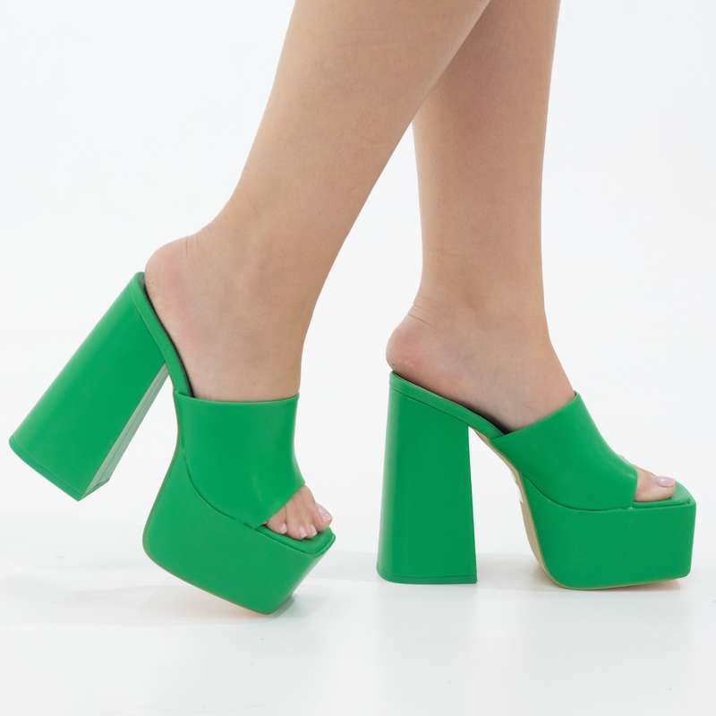 Porto platform slide on 14cm thick heel PU green