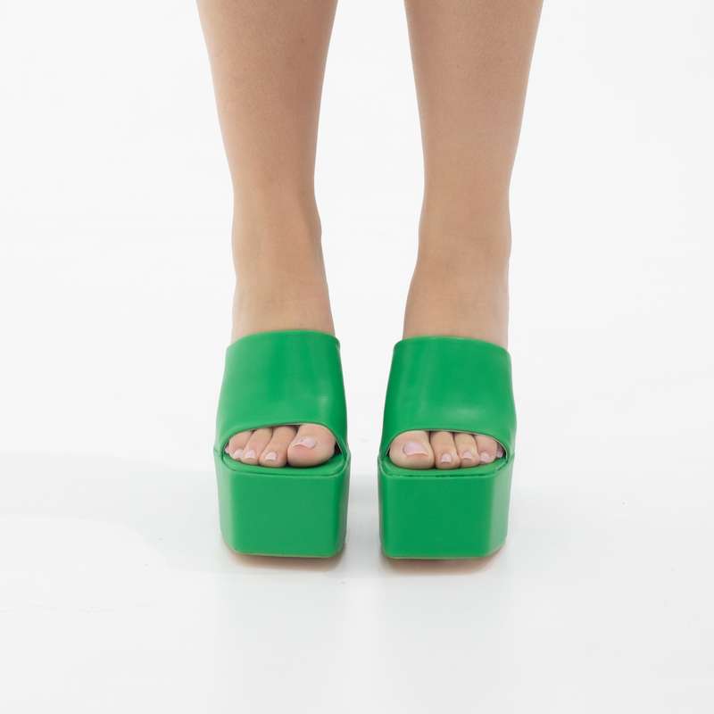 Porto platform slide on 14cm thick heel PU green
