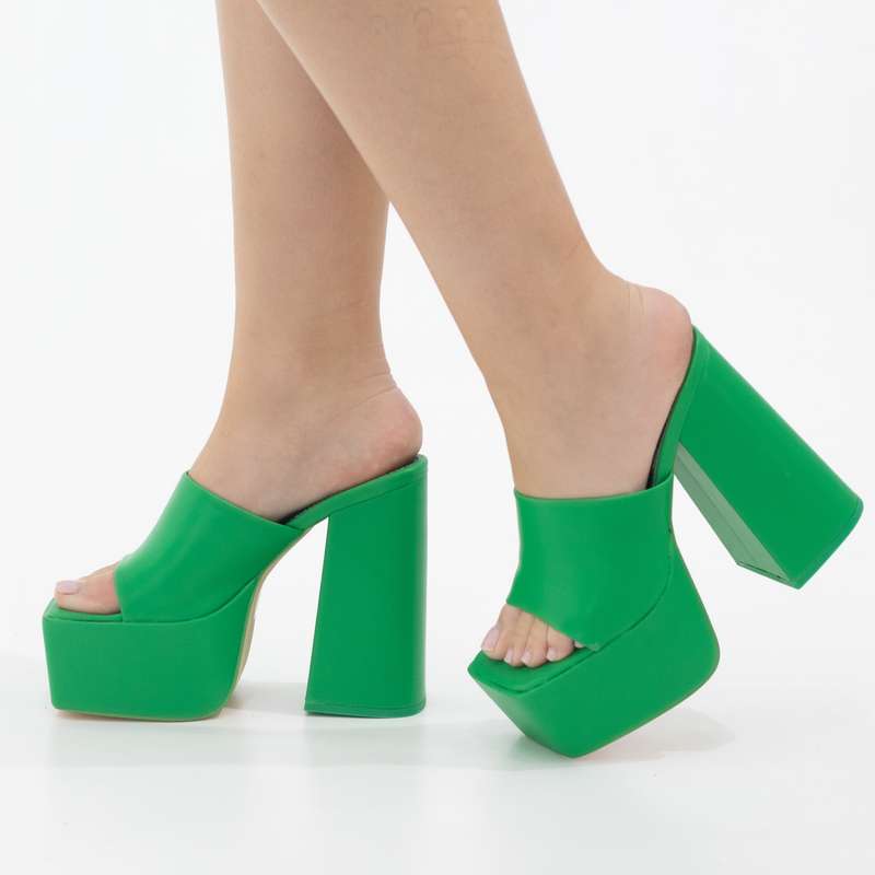 Porto platform slide on 14cm thick heel PU green