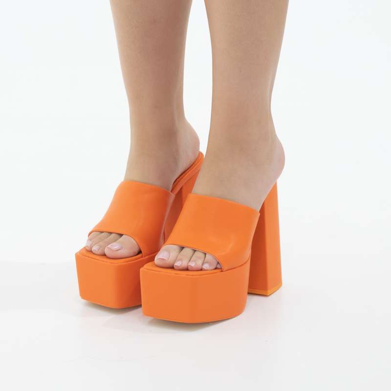 Porto platform slide on 14cm thick heel PU orange