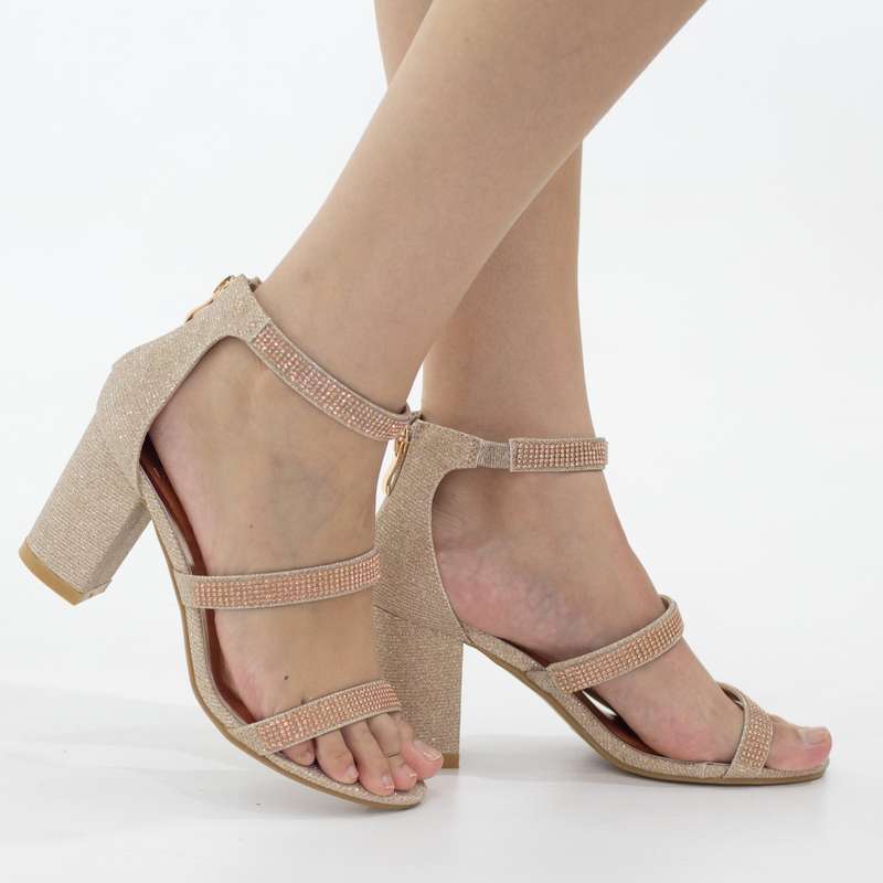 Razina double band ankle strap sandal 8cm block heel shimmer champagne