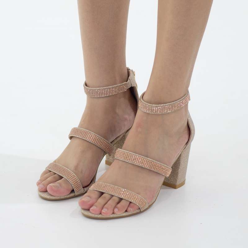 Razina double band ankle strap sandal 8cm block heel shimmer champagne