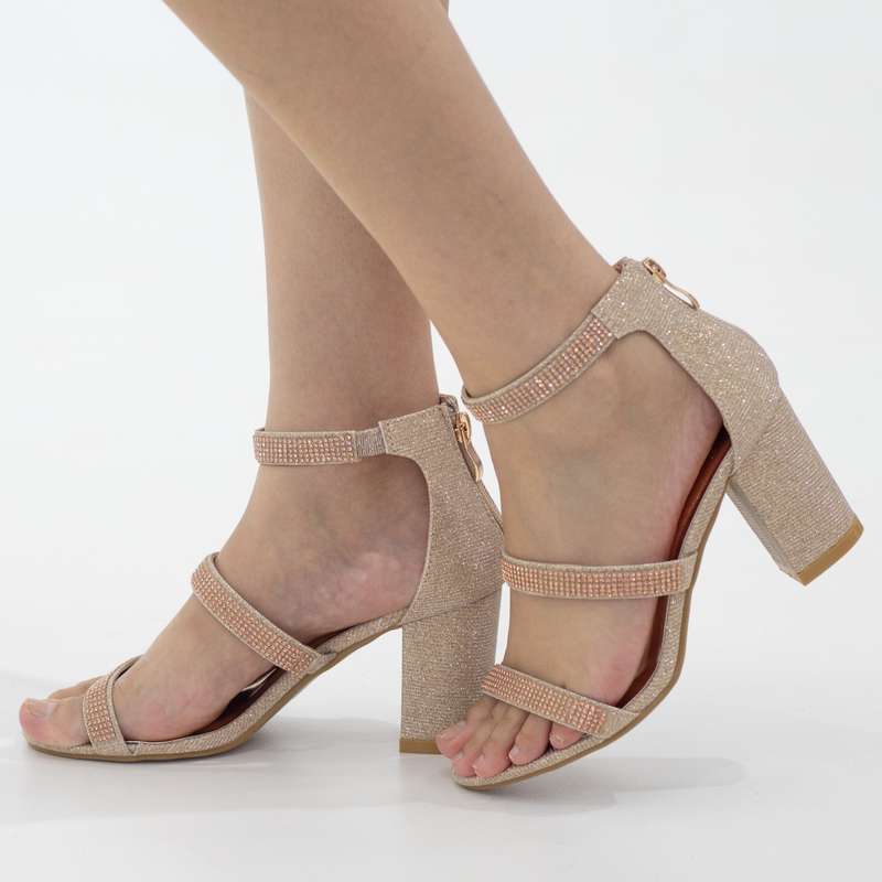 Razina double band ankle strap sandal 8cm block heel shimmer champagne