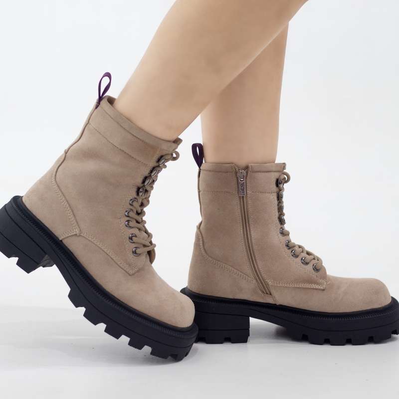 Okara micro fibre chunky lace up ankle boot beige