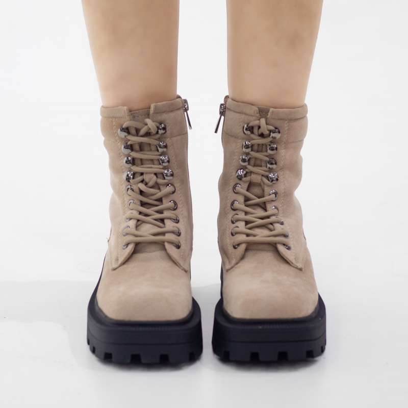 Okara micro fibre chunky lace up ankle boot beige