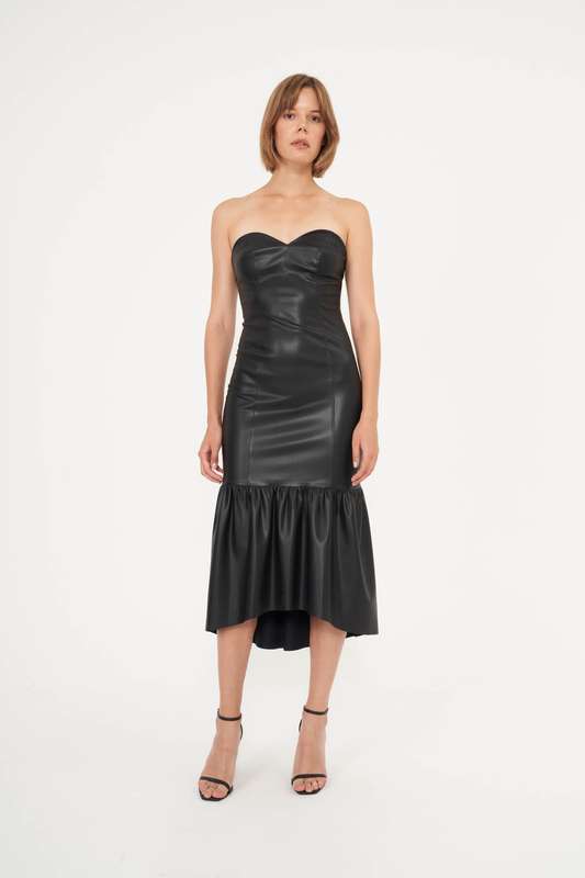 Mila strapless vegan leather midi dress black