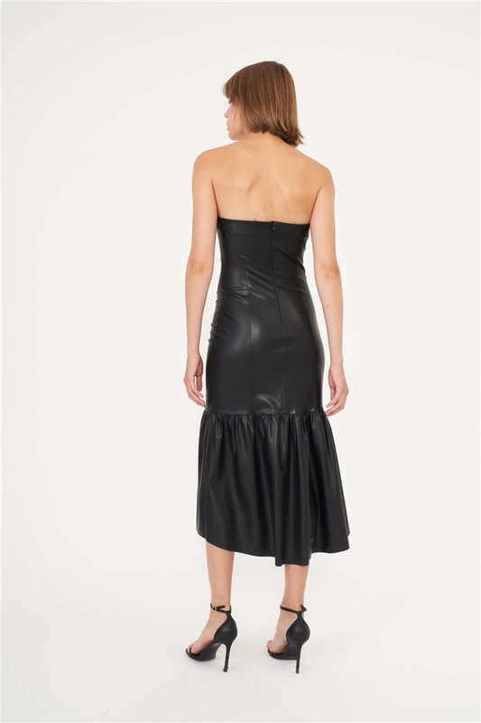 Mila strapless vegan leather midi dress black
