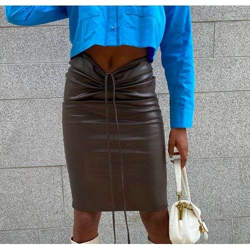 Siyah drawstring vegan leather midi skirt brown