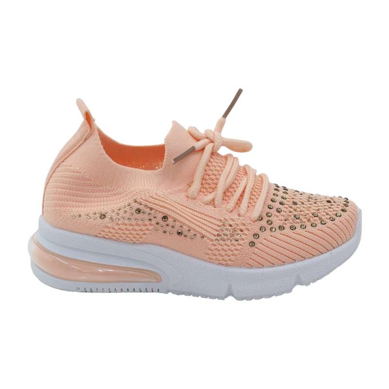 Obioma girls fly knit lace up sneaker with diamonds apricot