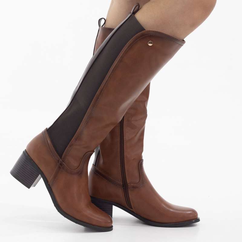 Yada knee high with elastic mat back boots 6cm heel tan