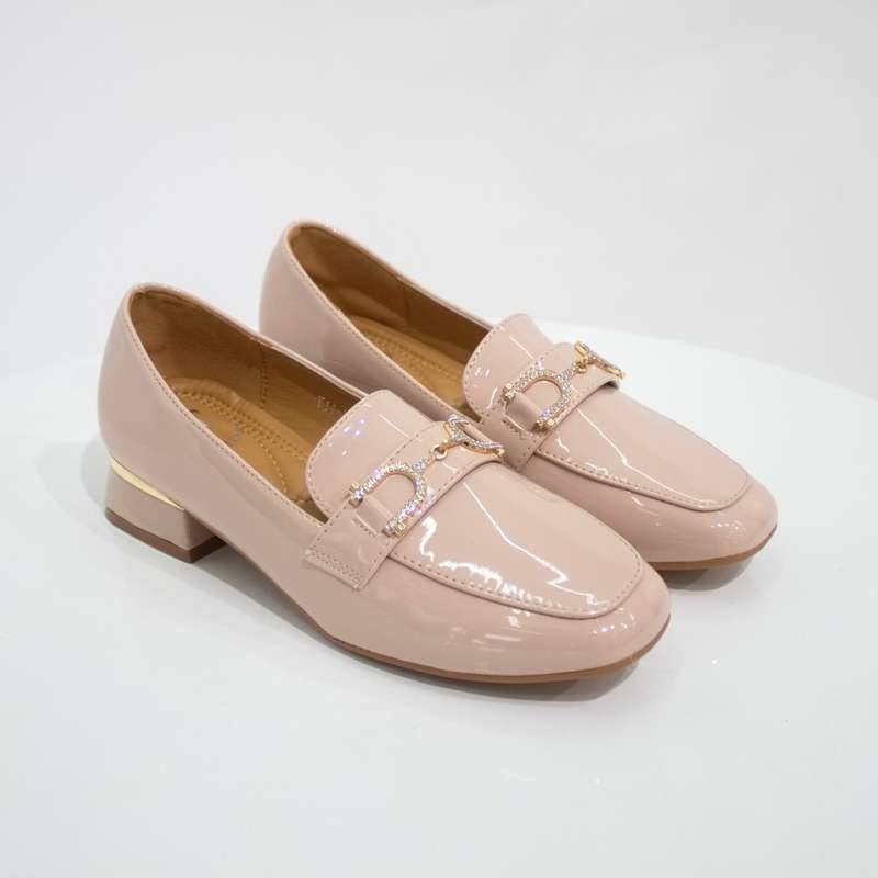 Venecia 3cm flat heel moc with link trim pu nude