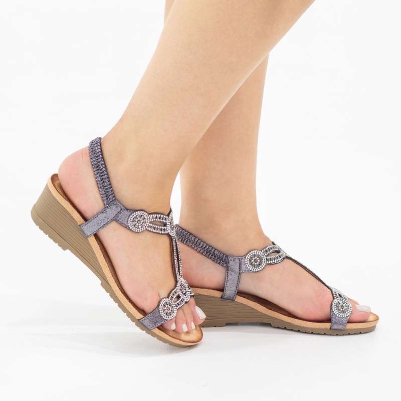 Rocio T-shaped wedge heel diamante sandal pewter