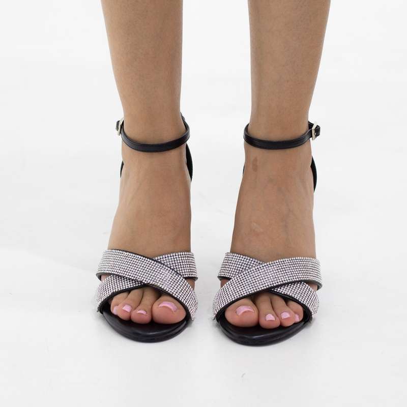 Romania diamante band ankle strap 9cm heel sandal black