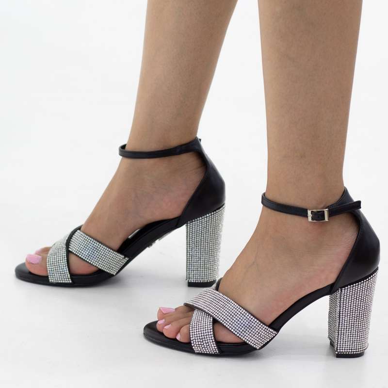 Romania diamante band ankle strap 9cm heel sandal black