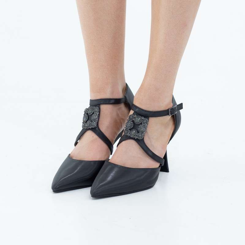 Vaila SATIN sqr trim cross belts open waist 9cm heel pointy black