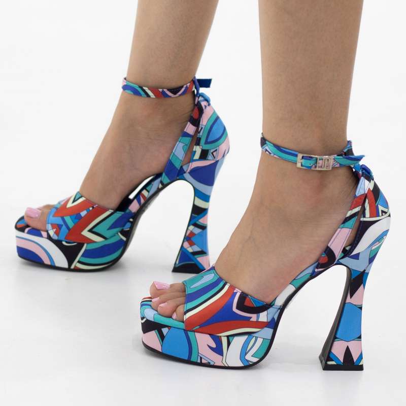 Darika printed multi-colored 13cm platform heel sandal blue