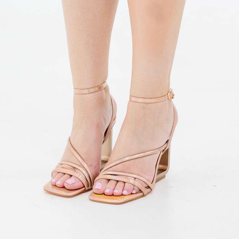Klayton ankle strap sandal on 8cm open wedge heel rose gold