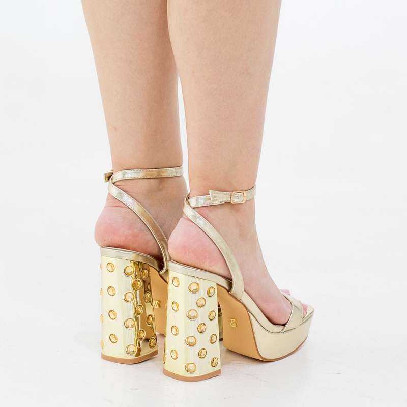 Bimala one band ankle strap sandal on 11cm stoned platform heel gold