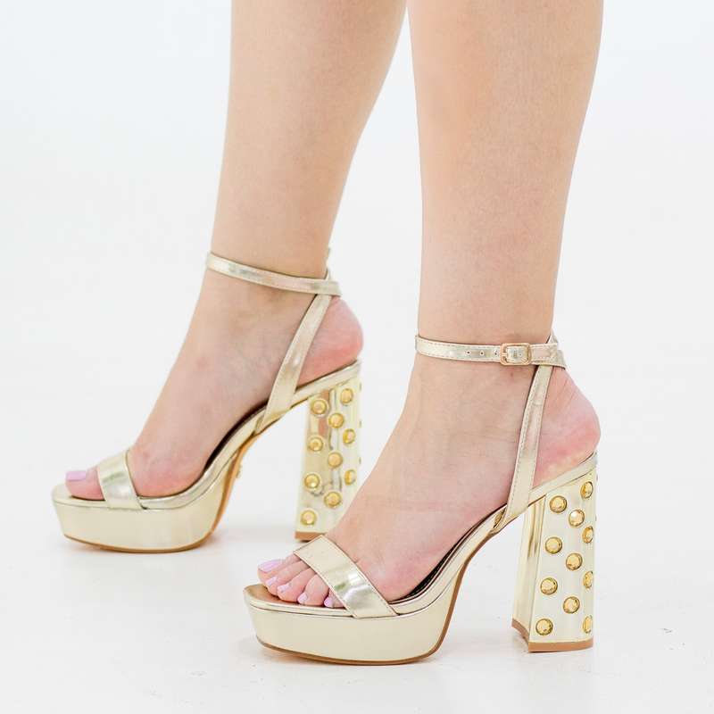 Bimala one band ankle strap sandal on 11cm stoned platform heel gold