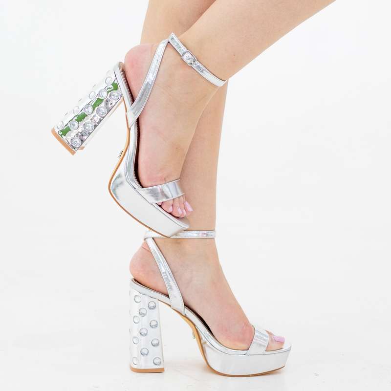 Bimala one band ankle strap sandal on 11cm stoned platform heel silver