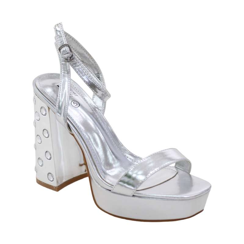 Bimala one band ankle strap sandal on 11cm stoned platform heel silver