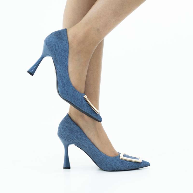 Ressie 9cm heel denim court with gold sqr trim blue