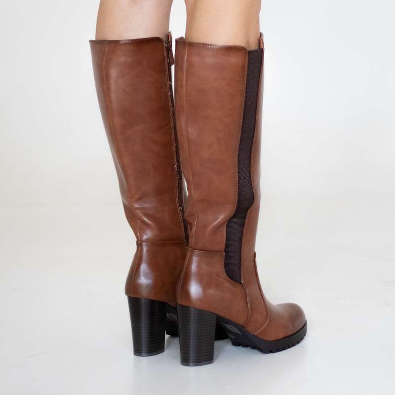 Kazea knee high boot with elastic mat on 8.5cm heel tan