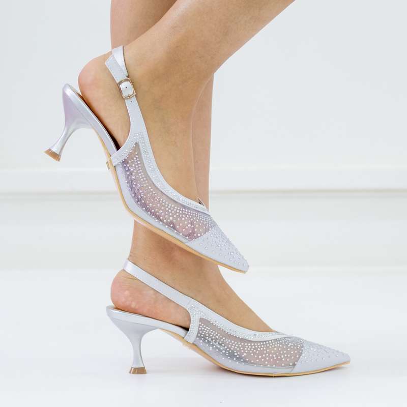 View mesh embellished 6.5cm heel sling back silver