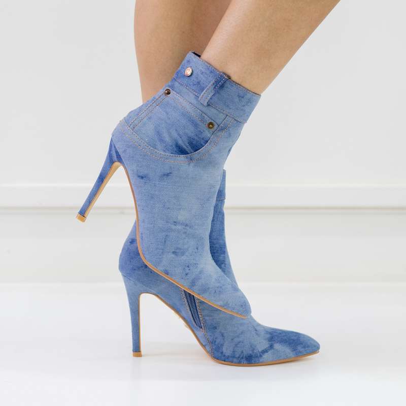 Beat 10cm heel low-rise jeans pointy ankle boot denim blue