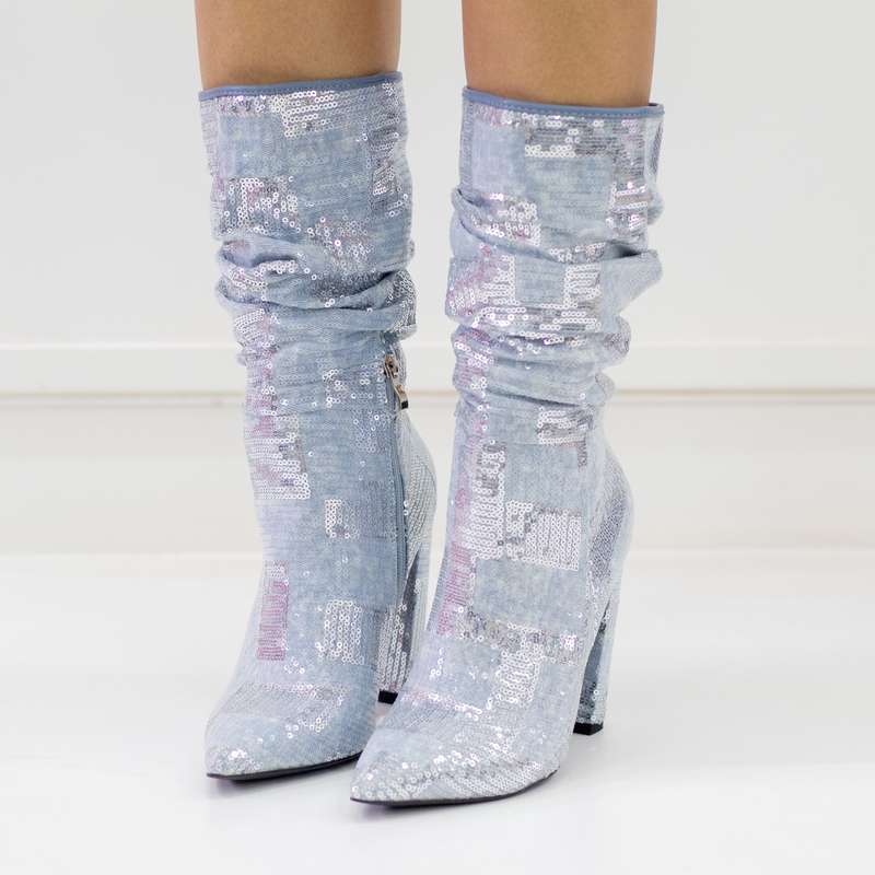 Icon 11cm heel sequin embellished mid-calf pointy bootie blue