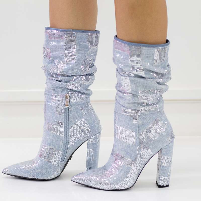Icon 11cm heel sequin embellished mid-calf pointy bootie blue