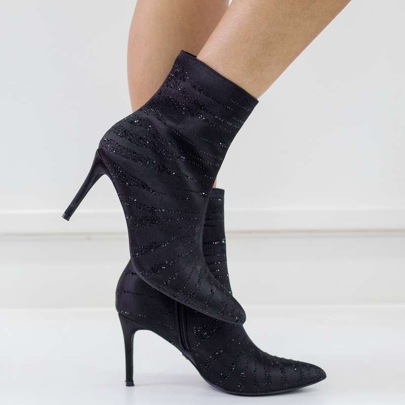 Excel diamante stripped satin 8.5cm heel pointy ankle boot black