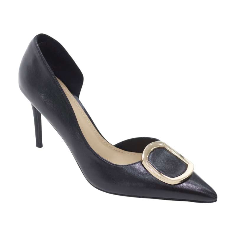 Vita open waist round trim detailed patent 9cm heel court shoe